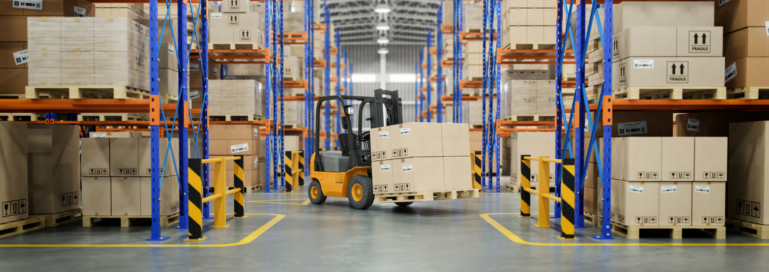 Forklift truck in warehouse or storage and shelves with cardboard boxes. 3d illustration