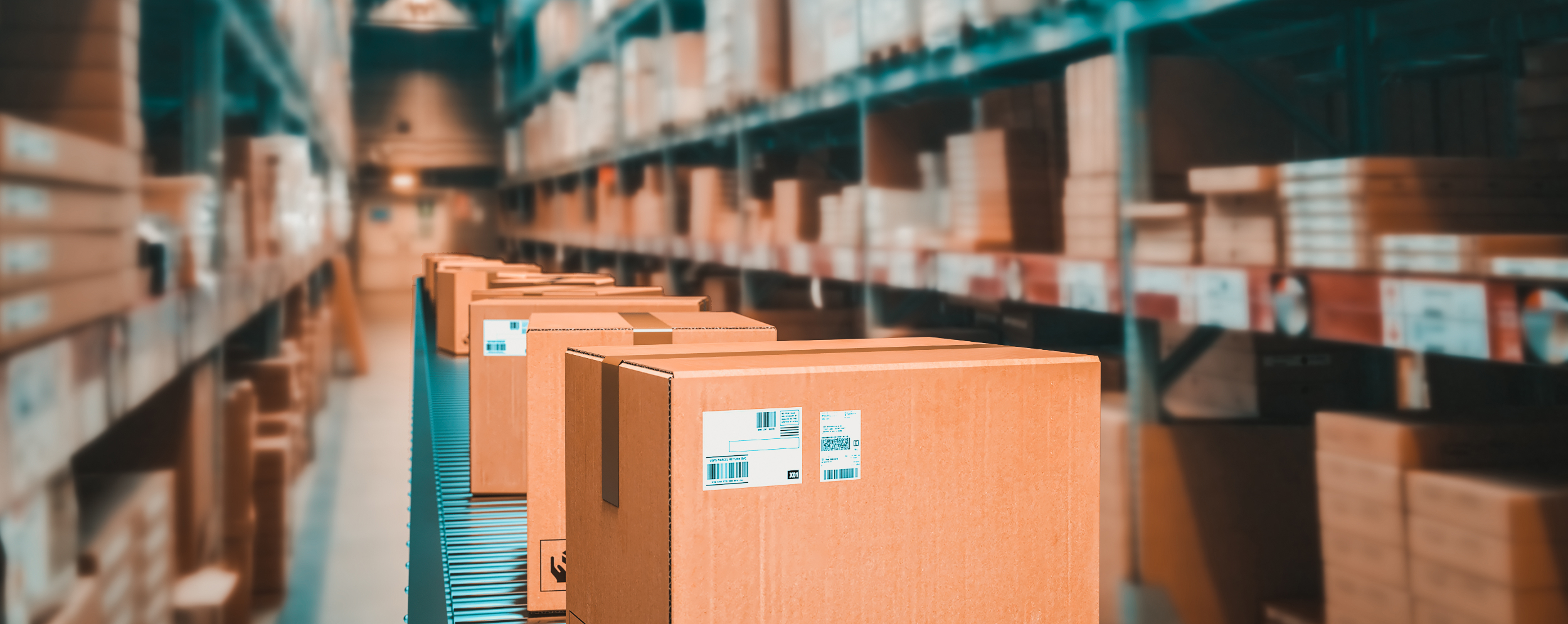 parcels on conveyor belt in a warehouse. 3d render.